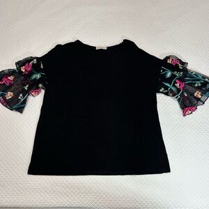 Pebble and Stone Black Knot Top with Embroidered Bell Sleeves Sz M